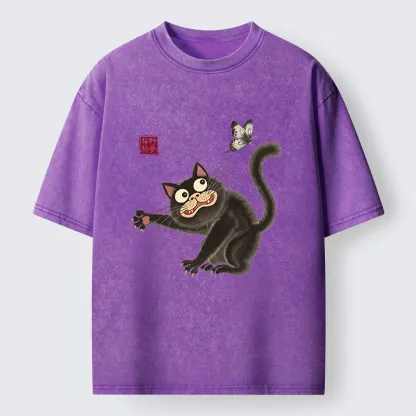 Tokyo-Tiger Cat Catching Butterflies Washed T-Shirt