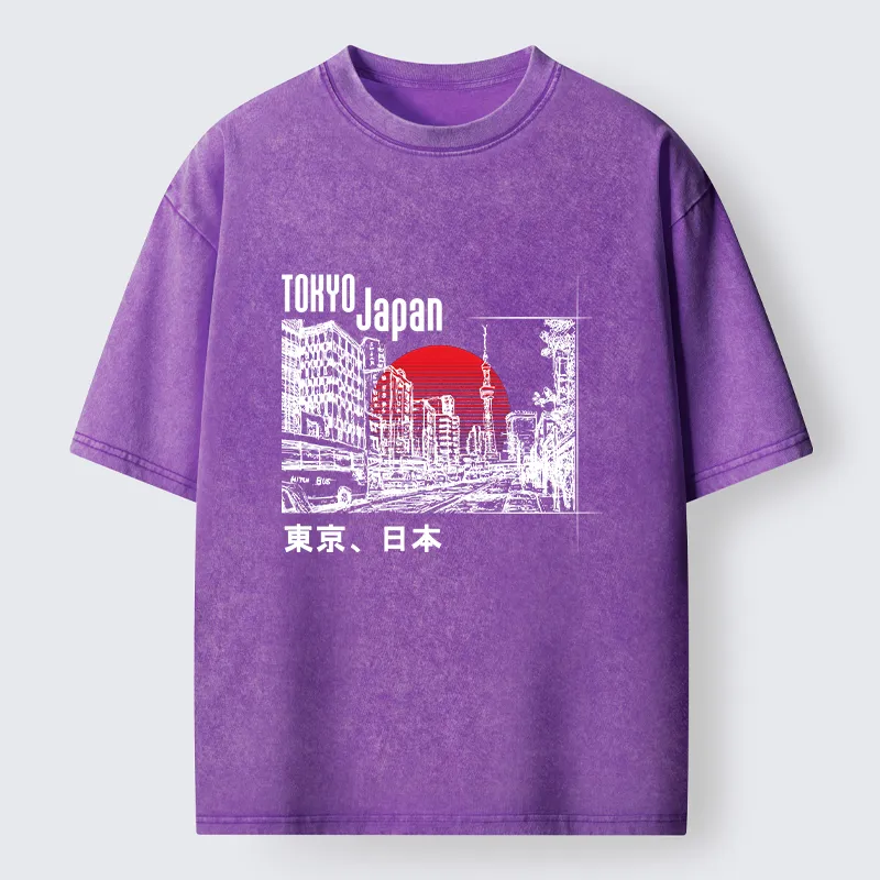 Tokyo-Tiger Bustling Street Scene In Japan Washed T-Shirt