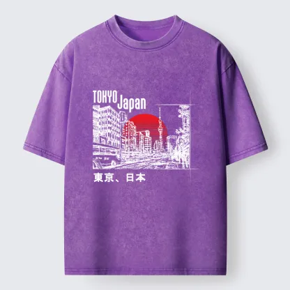 Tokyo-Tiger Bustling Street Scene In Japan Washed T-Shirt
