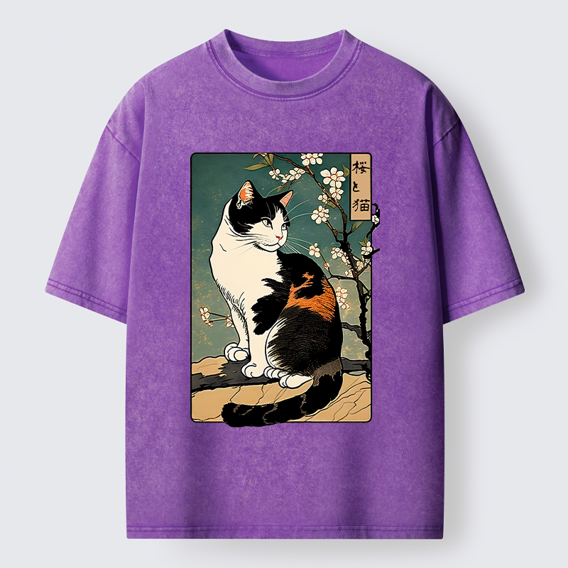 Tokyo-Tiger The Cat Under the Sakura Washed T-Shirt