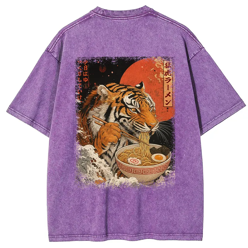 Tokyo-Tiger Ukiyoe Japan Tiger Eating Ramen Back Washed T-Shirt