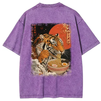 Tokyo-Tiger Ukiyoe Japan Tiger Eating Ramen Back Washed T-Shirt
