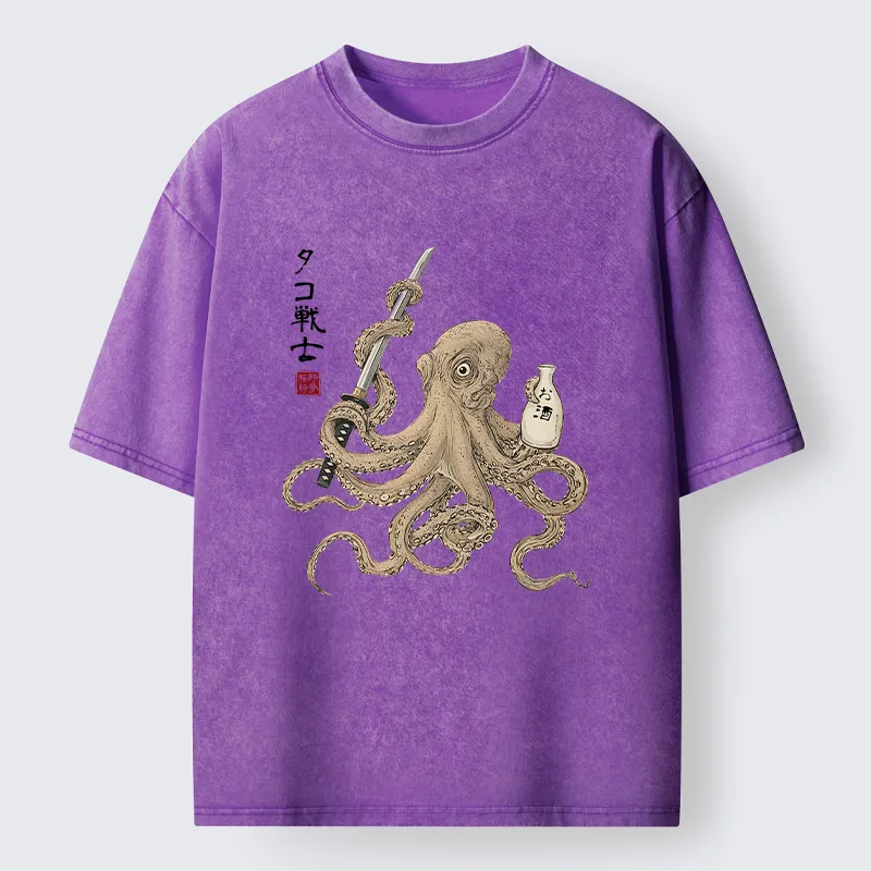 Tokyo-Tiger Octopus Samurai And Sake Washed T-Shirt