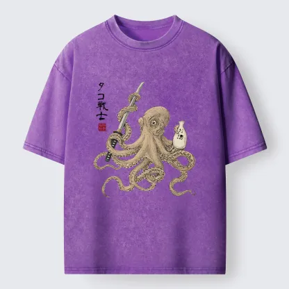 Tokyo-Tiger Octopus Samurai And Sake Washed T-Shirt
