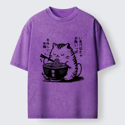 Tokyo-Tiger Cute Cat Eating Ramen Washed T-Shirt