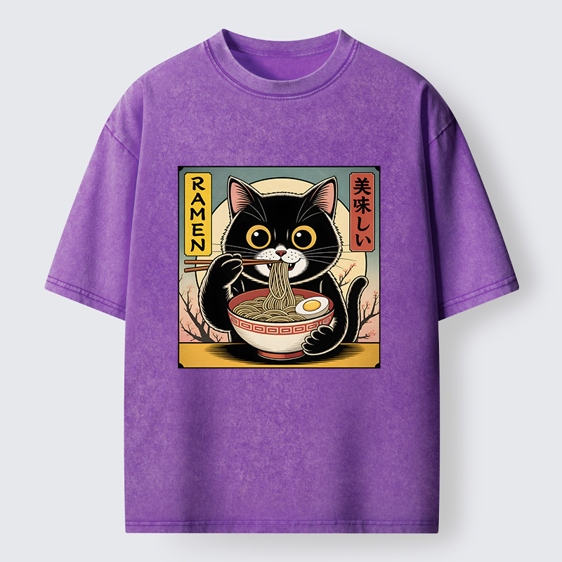 Tokyo-Tiger Black Cat Eats A Big Bowl Of Ramen Funny Washed T-Shirt