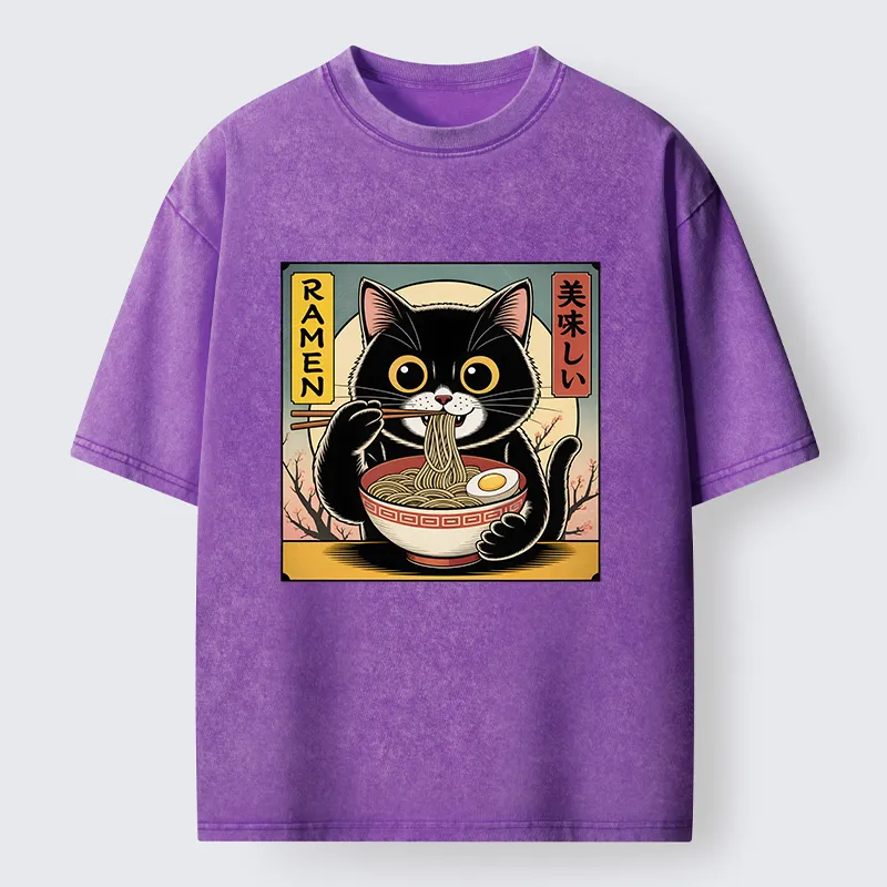 Tokyo-Tiger Black Cat Eats A Big Bowl Of Ramen Funny Washed T-Shirt