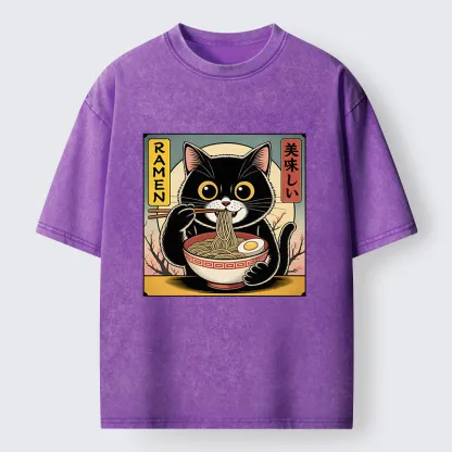 Tokyo-Tiger Black Cat Eats A Big Bowl Of Ramen Funny Washed T-Shirt