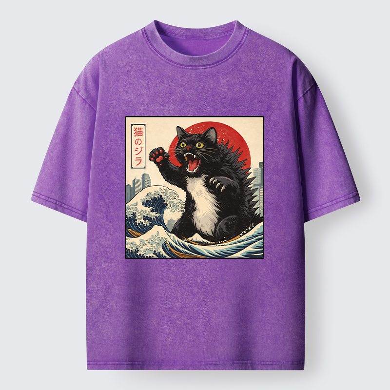 Tokyo-Tiger Black Cat Eats A Big Bowl Of Ramen Funny Washed T-Shirt