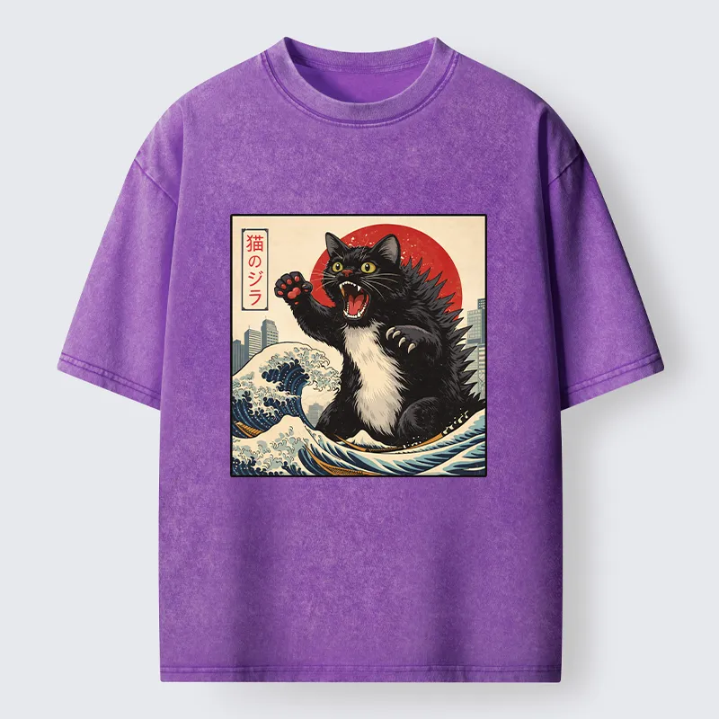 Tokyo-Tiger Black Cat Eats A Big Bowl Of Ramen Funny Washed T-Shirt
