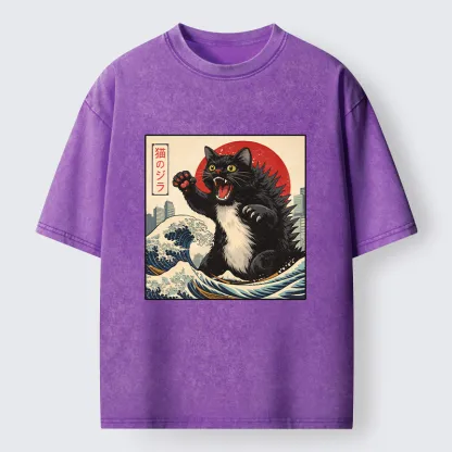 Tokyo-Tiger Black Cat Eats A Big Bowl Of Ramen Funny Washed T-Shirt