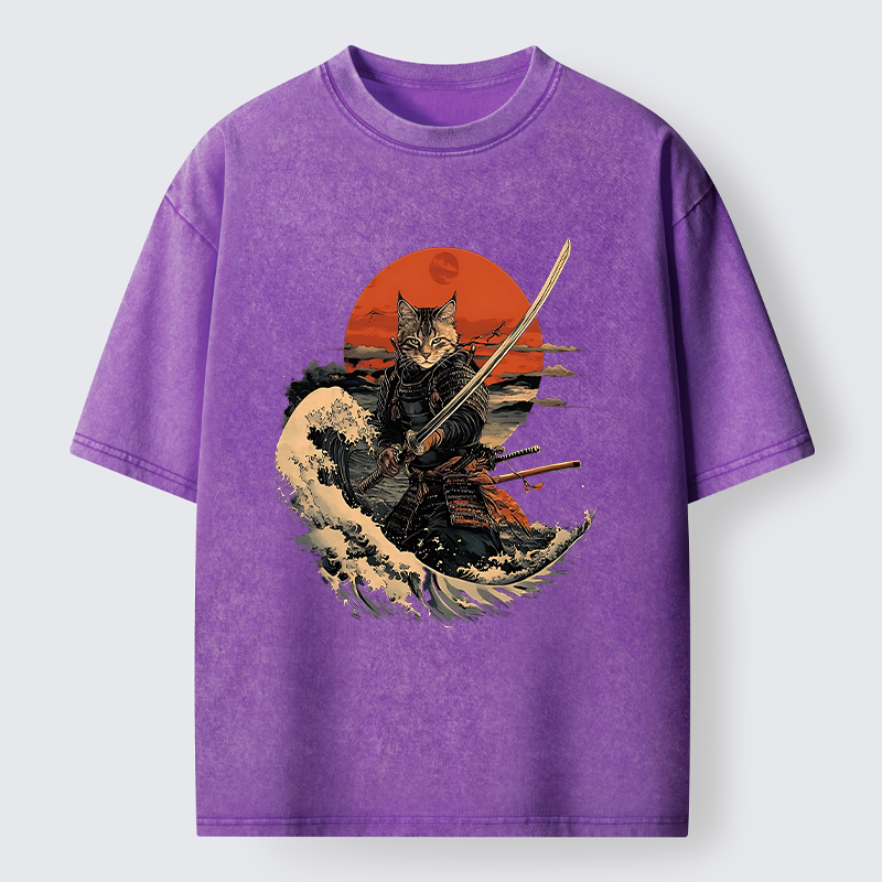 Tokyo-Tiger Handsome Cat Samurai Japanese Washed T-Shirt
