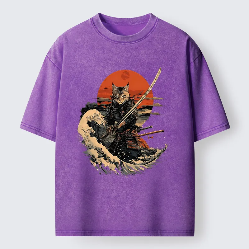Tokyo-Tiger Handsome Cat Samurai Japanese Washed T-Shirt
