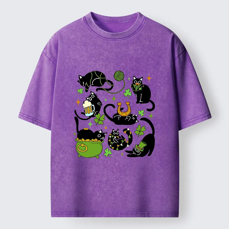 Tokyo-Tiger St Patrick's Day Black Cat Funny Washed T-Shirt