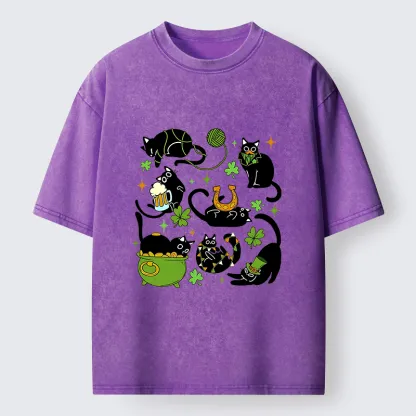 Tokyo-Tiger St Patrick's Day Black Cat Funny Washed T-Shirt