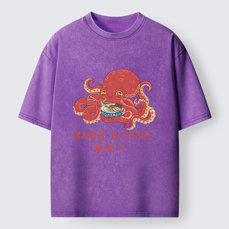 Tokyo-Tiger Cute Octopus Eating Ramen Washed T-Shirt