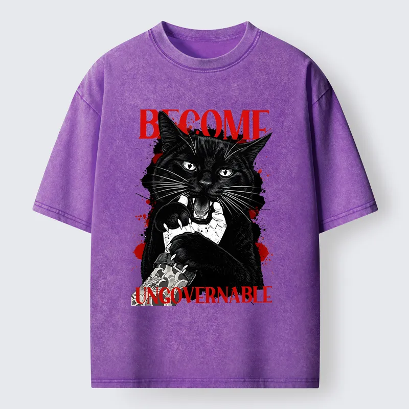 Tokyo-Tiger Biting Black Cat Washed T-Shirt