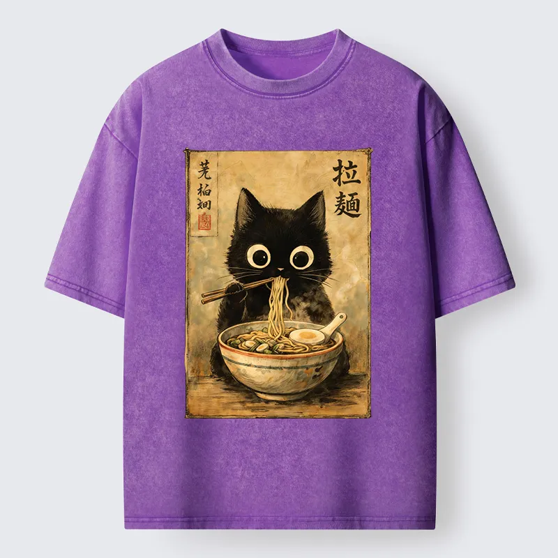 Tokyo-Tiger Cute Black Cat Eating Japanese Ramen Washed T-Shirt