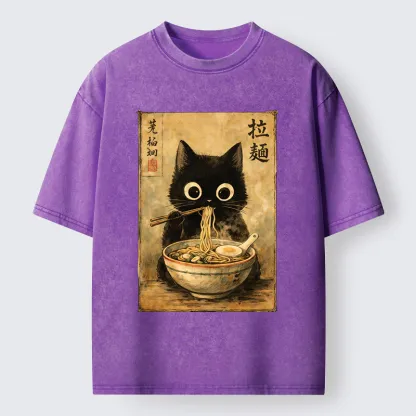 Tokyo-Tiger Cute Black Cat Eating Japanese Ramen Washed T-Shirt