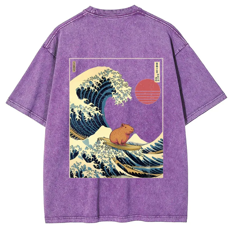 Tokyo-Tiger Capybara Surfing Back Washed T-Shirt