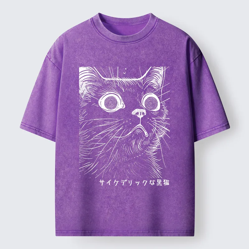 Tokyo-Tiger Trippy Black Cat Washed T-Shirt