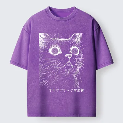 Tokyo-Tiger Trippy Black Cat Washed T-Shirt