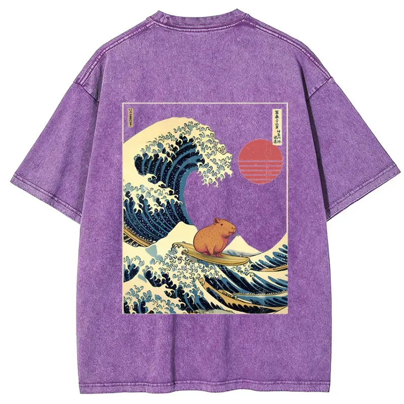Tokyo-Tiger Capybara Surfing Back Washed T-Shirt
