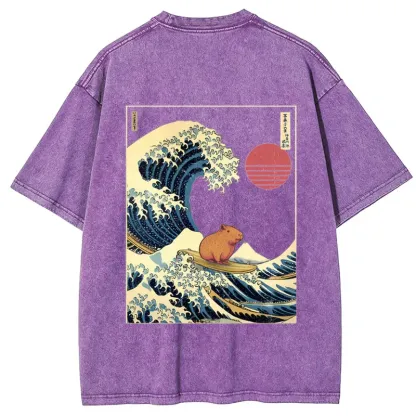 Tokyo-Tiger Capybara Surfing Back Washed T-Shirt
