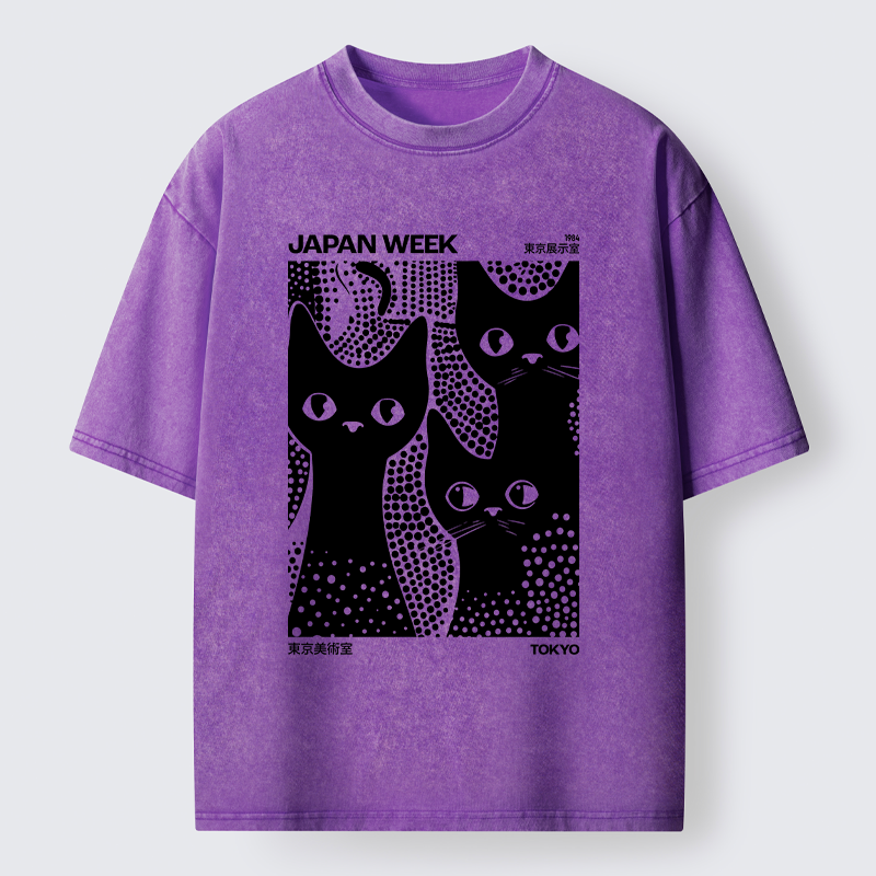 Tokyo-Tiger Black Cat Polka Dot Art Washed T-Shirt