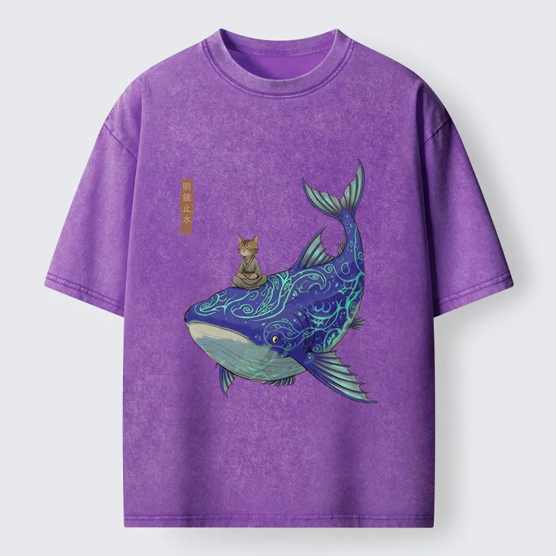 Tokyo-Tiger Cat Riding A Whale Washed T-Shirt