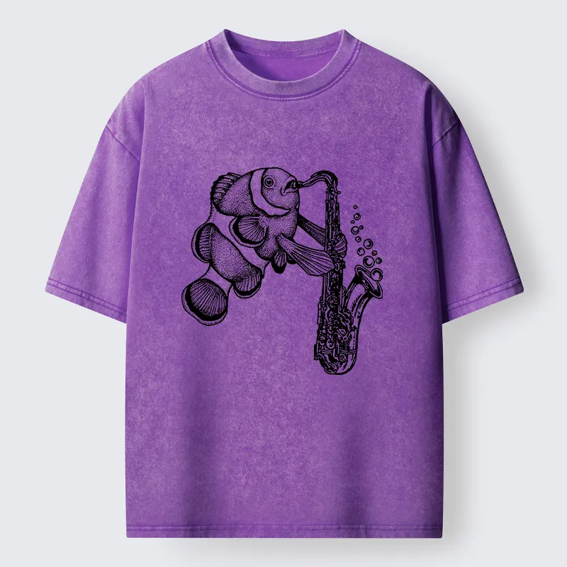 Tokyo-Tiger Clownfish Playing The Saxophone Washed T-Shirt