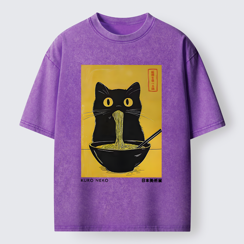 Tokyo-Tiger Black Cat Eats Ramen In Big Bites Washed T-Shirt