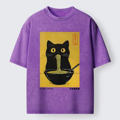 Tokyo-Tiger Black Cat Eats Ramen In Big Bites Washed T-Shirt