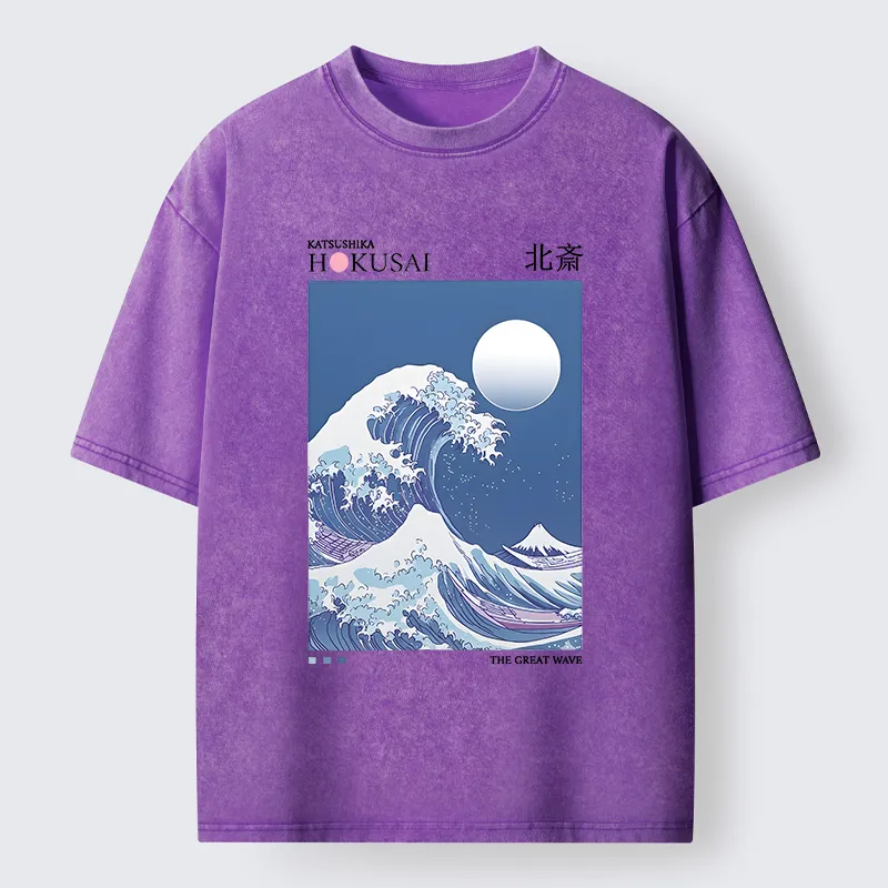 Tokyo-Tiger Blue Ukiyo-e Waves Washed T-Shirt
