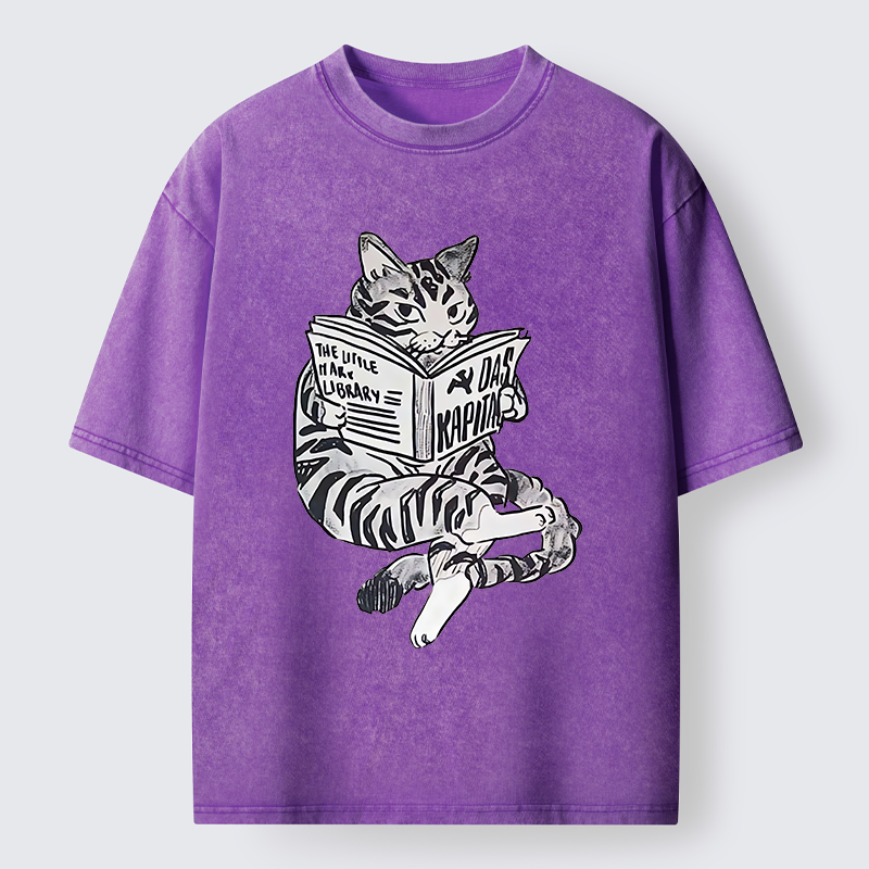 Tokyo-Tiger Cat Reading Books Washed T-Shirt