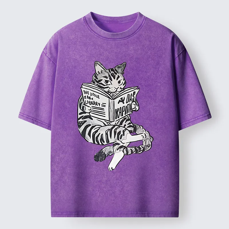 Tokyo-Tiger Cat Reading Books Washed T-Shirt
