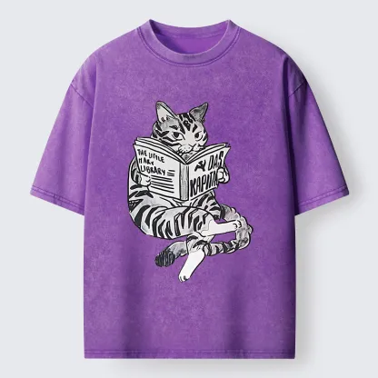 Tokyo-Tiger Cat Reading Books Washed T-Shirt