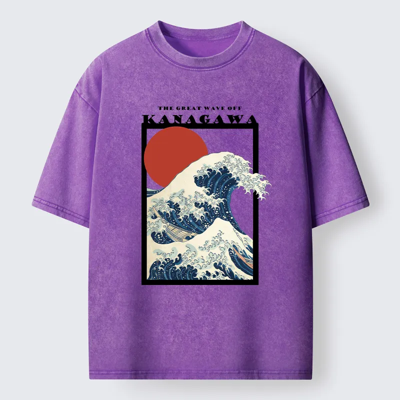 Tokyo-Tiger Minimalist Ukiyo-e Waves Washed T-Shirt