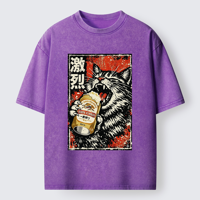 Tokyo-Tiger Cat Drinking Beer Washed T-Shirt