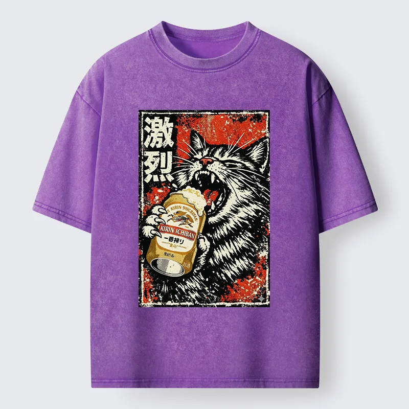 Tokyo-Tiger Cat Drinking Beer Washed T-Shirt
