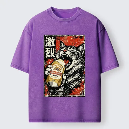 Tokyo-Tiger Cat Drinking Beer Washed T-Shirt