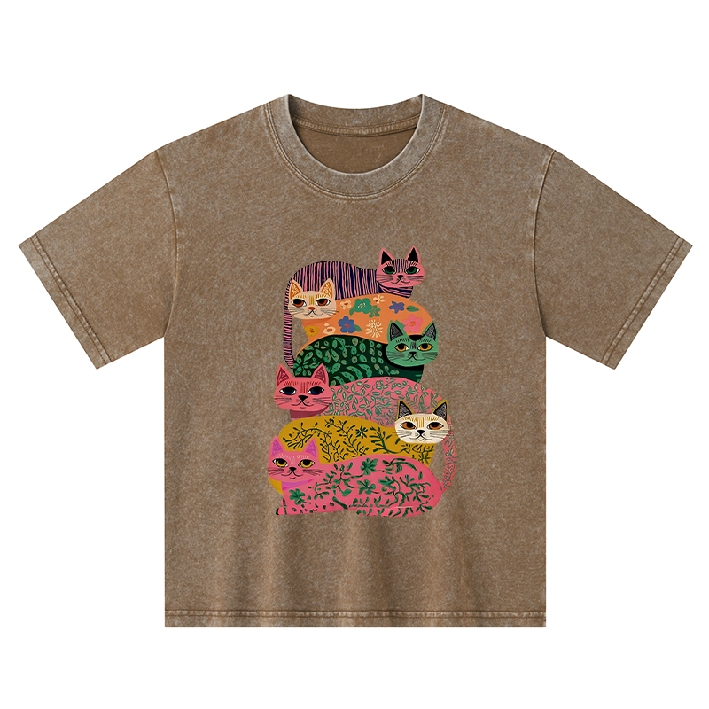 Tokyo-Tiger Colorful Cats Kids Washed T-Shirt