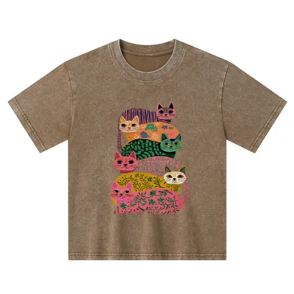 Tokyo-Tiger Colorful Cats Kids Washed T-Shirt