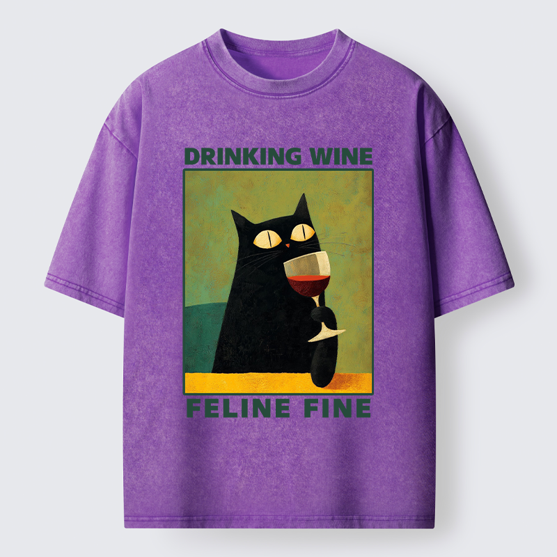 Tokyo-Tiger Drinking Wine Feline Wine Washed T-Shirt
