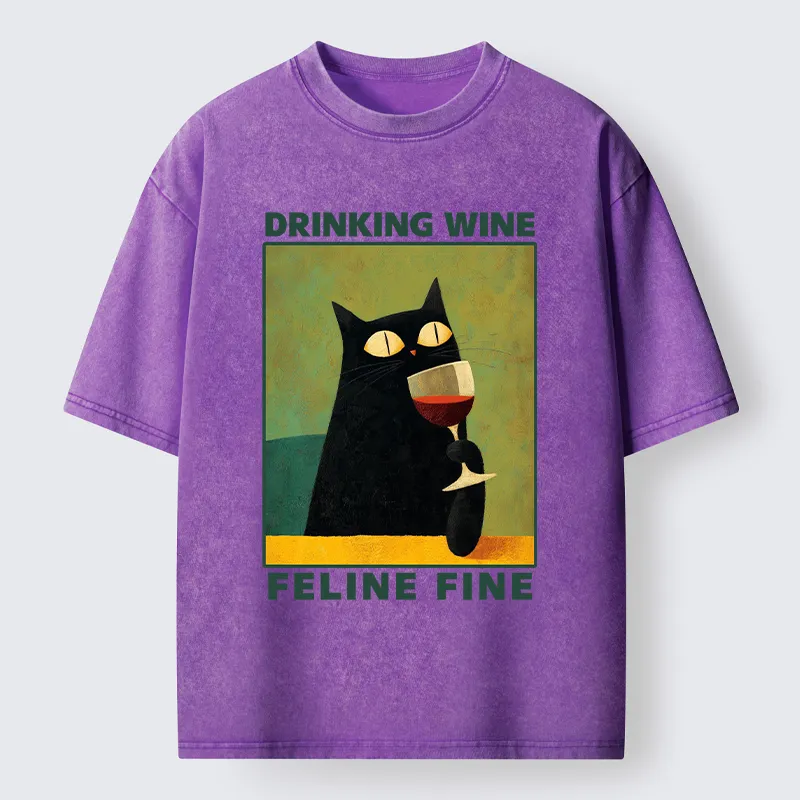 Tokyo-Tiger Drinking Wine Feline Wine Washed T-Shirt