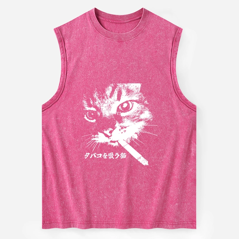 Tokyo-Tiger Retro Cat Smoking Washed Tank