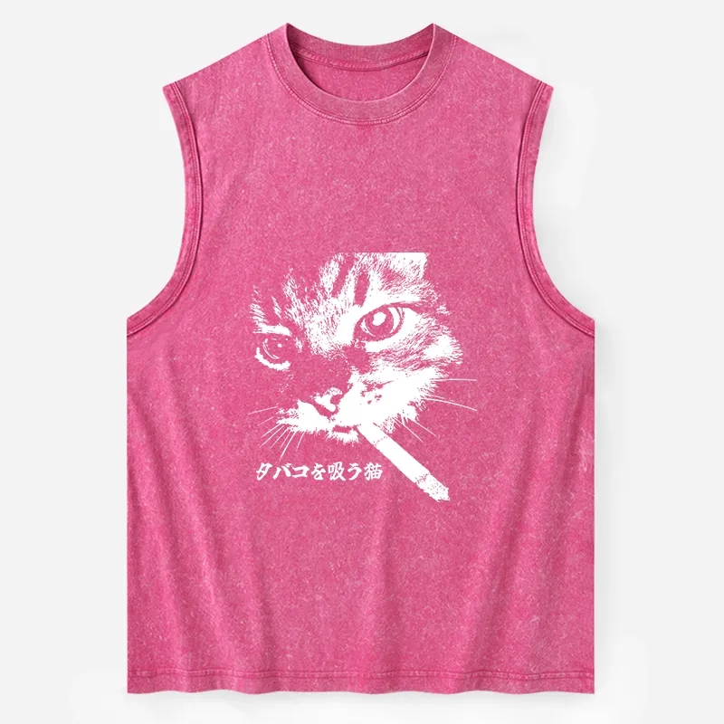Tokyo-Tiger Retro Cat Smoking Washed Tank