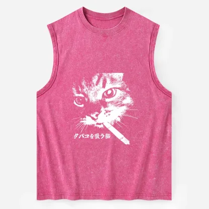 Tokyo-Tiger Retro Cat Smoking Washed Tank