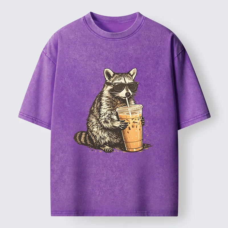 Tokyo-Tiger Raccoon Drinking Coffee FunnyWashed T-Shirt