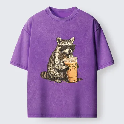 Tokyo-Tiger Raccoon Drinking Coffee FunnyWashed T-Shirt